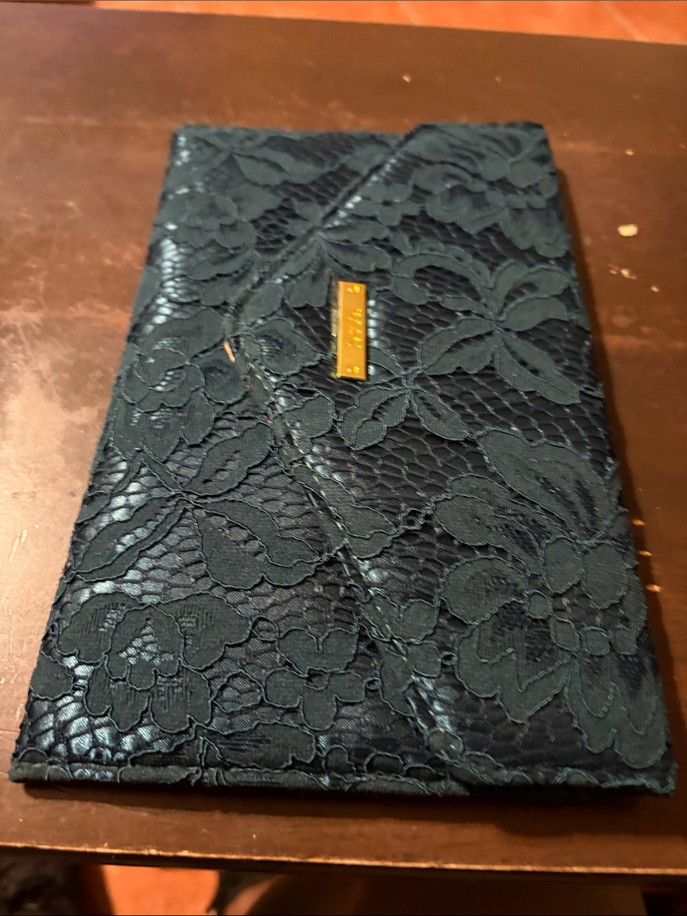 IMAN Dark Teal Lace Overlay Envelope Clutch with Gold Plate